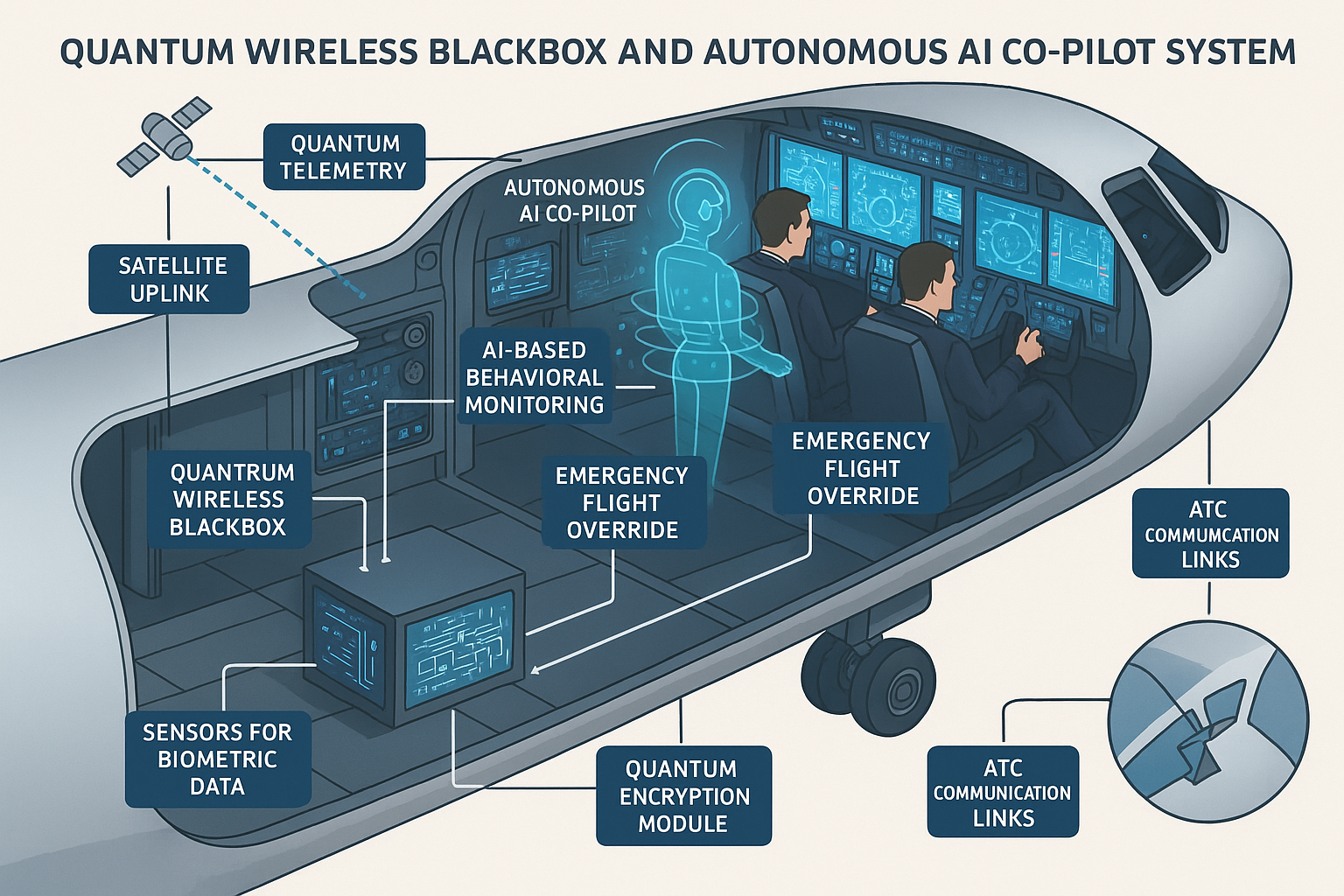 3D concept of the quantum wireless blackbox integrated with aircraft avionics and pilots